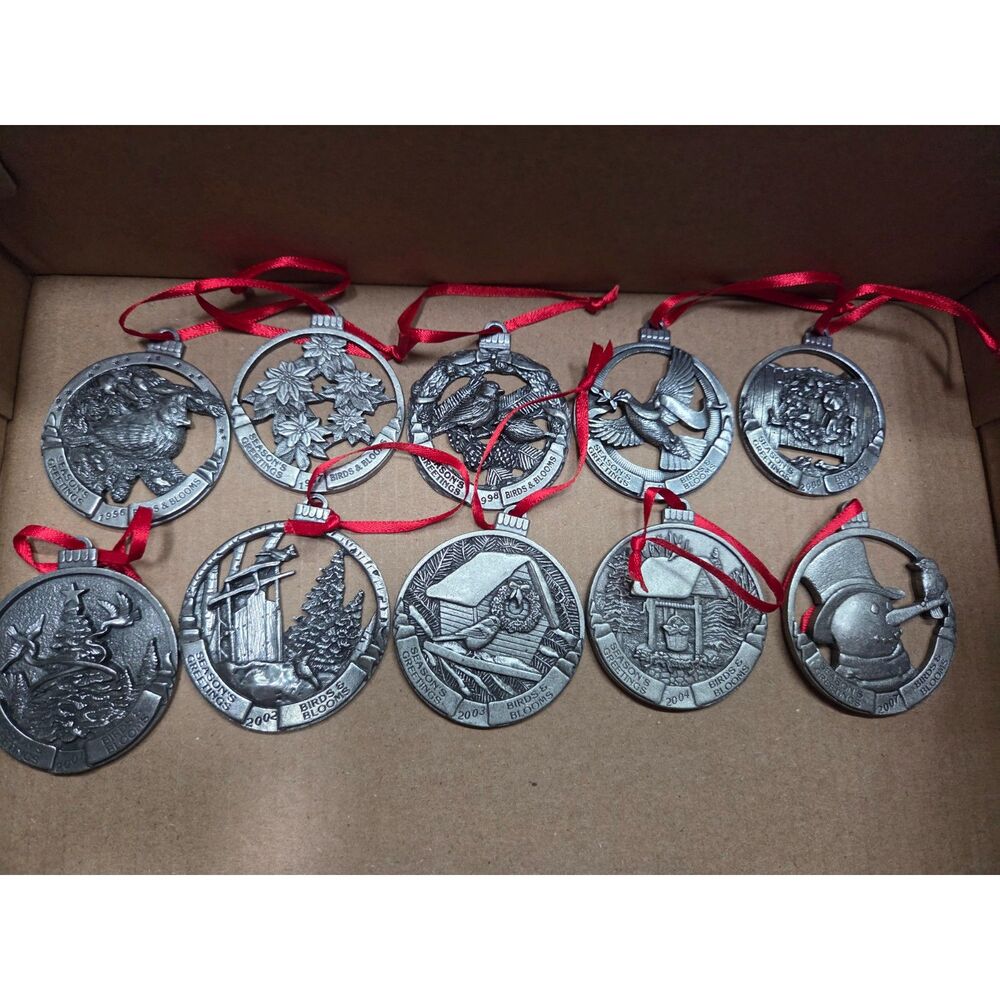 Lot of 10 Birds & Blooms Season’s Greetings Christmas Ornaments – Various Years